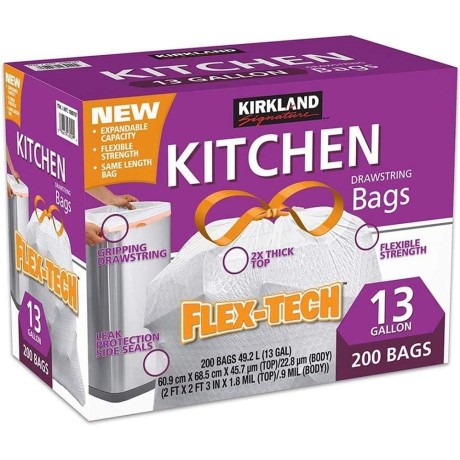 Kirkland Signature 13 Gallon 200 Ct Carton 100% recyclable Heavy Duty Drawstring Kitchen Trash Bags